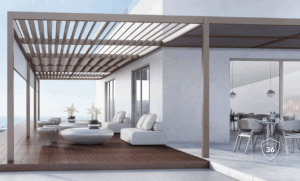 Pérgola Pirnar con lamas motorizadas ajustables, ideal para controlar la luz y la sombra con precisión.