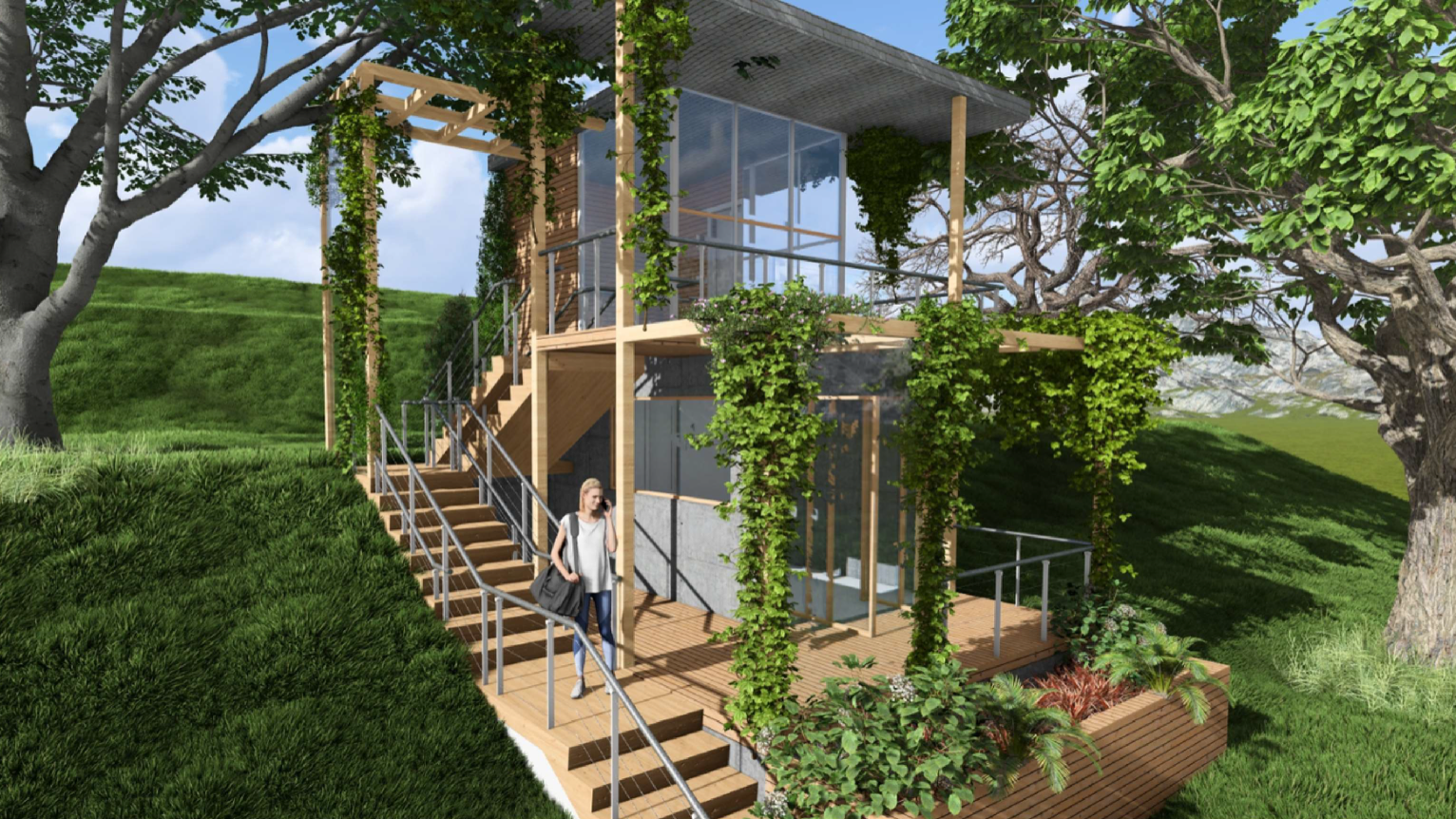 Propuesta de microvivienda de Rosemary Rivera García, segundo lugar, diseñada para las montañas de Arecibo como una estructura autosuficiente con plantas comestibles, captación de agua y energía solar.