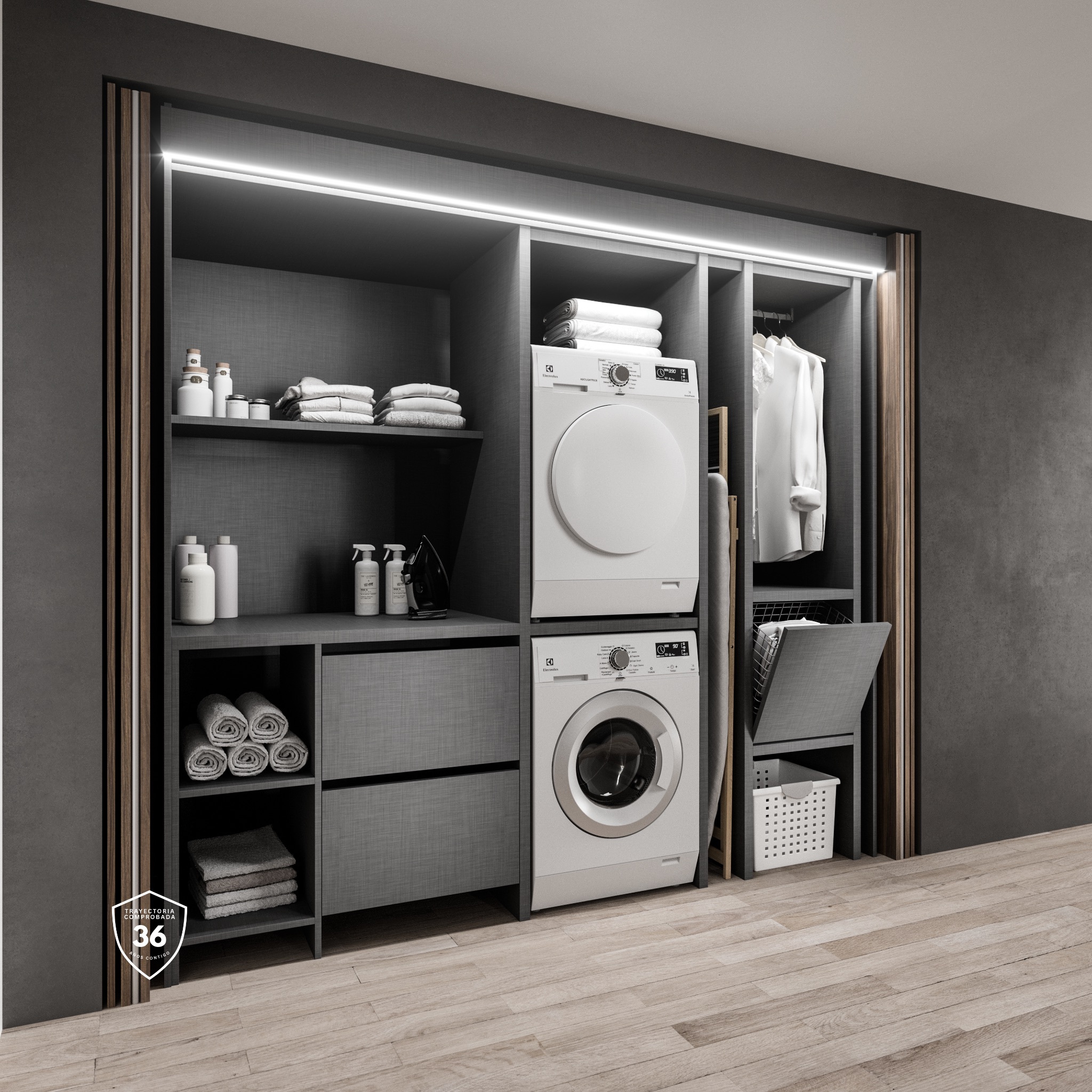 Combinación de tonos neutros y materiales duraderos para un ambiente funcional, moderno y visualmente armonioso.