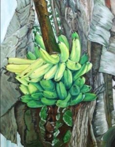 La Cosecha de Ramón, Lourdes Rivera, LULU, óleo, 2012. En esta Pintura, lo primero que viene a mi mente es la paciencia dedicada con la que trabajé cada uno de esos guineos. El óleo por naturaleza requiere un manejo cuidadoso y sin prisa. Mientras más figurativa sea la imagen, solo así se podrá acercar a la realidad en esta representación figurativa. Aquí, esa paciencia es fundamental para el producto deseado.
