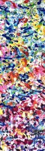 Existencia y Humanidad, Lourdes Rivera, LULU, 2025. Es la Existencia y Humanidad representadas por la diversidad cuantiosa de los colores aplicados mediante goteo, pinceladas y manchas, que en las variaciones y el movimiento de un extremo a otro puede entenderse su infinidad. Unas capas y manchas van primero, como haciendo la base de los que continuarán; otros encima y así, indefinidamente. Contiene una perfección en su homogeneidad que pudiera tener continuidad eterna.